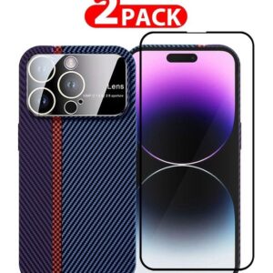 2 Packs Of iPhone 14 Pro Large Window Camera Protection And Screen Protector Unique Design Mixed Amazing Color Aramid Carbon Fiber Phone Case Blue