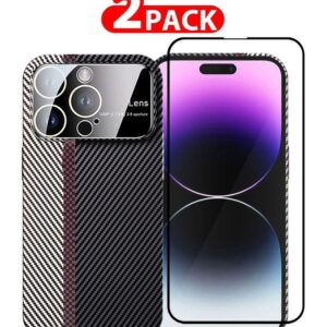 2 Packs Of iPhone 14 Pro Max Large Window Camera Protection And Screen Protector Unique Design Mixed Amazing Color Aramid Carbon Fiber Phone Case White