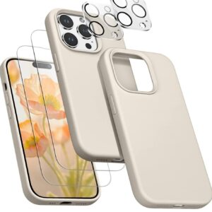[5 in 1 Compatible with iPhone 14 Pro Max Case, with 2 Pack Screen Protector + 2 Pack Camera Lens Protector, Silicone Shock-Proof Phone Case [Anti-Scratch Microfiber Lining], White Stone